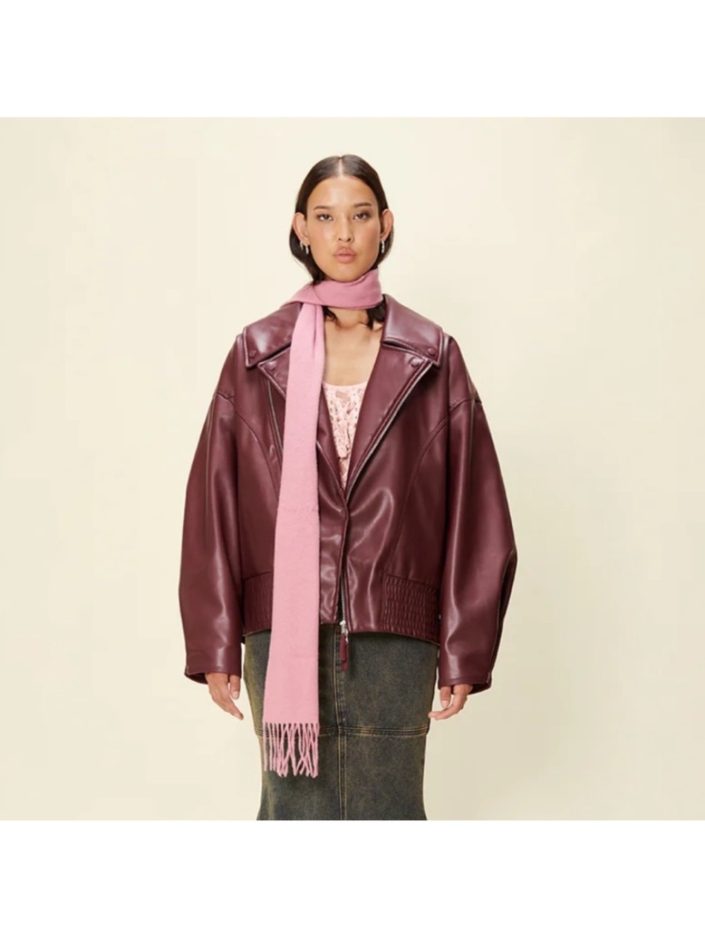 House of Sunny Oversized Faux-Leather Jacket in Deep Berry